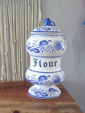 Vintage Blue Onion Flour Canister - Blue & White Ceramic Lidded Jar